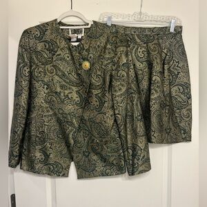 Vintage 80’s Green Paisley Blazer and Skirt Set with Brooch attached *